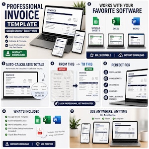 Peut inclure: Un modèle de facture professionnel affiché sur un ordinateur portable, un smartphone et une tablette. Le document numérique présente des sections pour les détails de l'entreprise, les services détaillés et les totaux calculés automatiquement.
