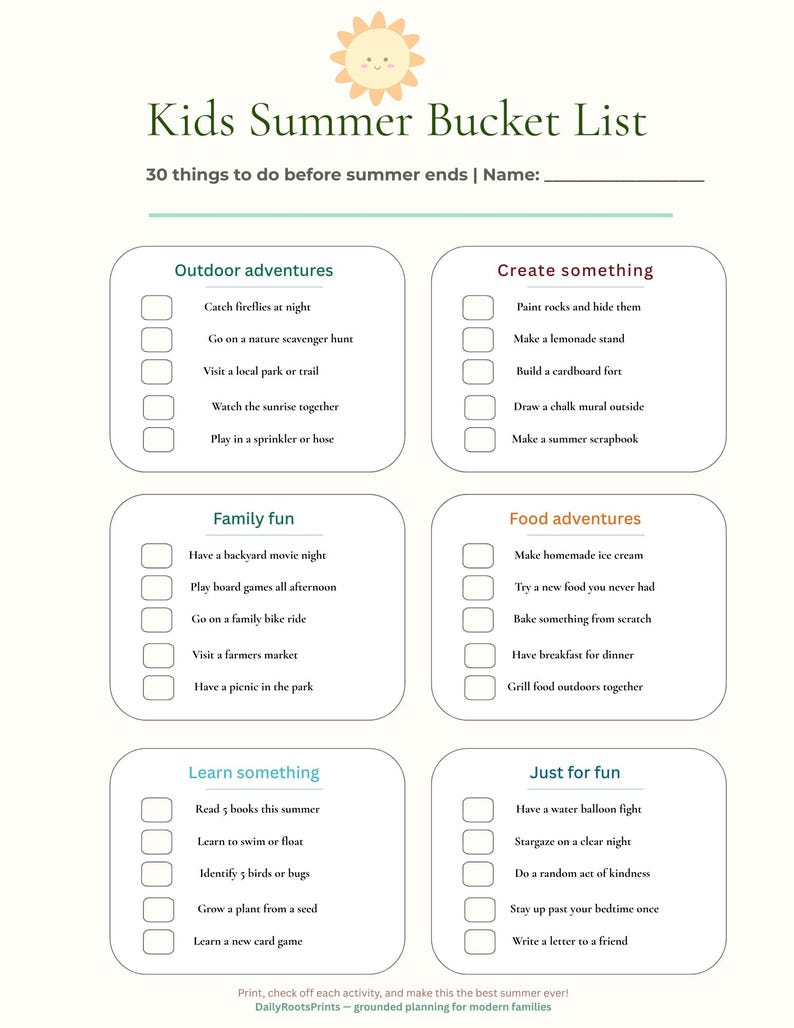 Kids Summer Bucket List Printable | 30 Summer Activities for Kids ...