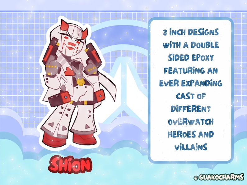 Puede incluir: Un dije de epoxi de doble cara de 3 pulgadas con un personaje estilizado llamado Shion con armadura blanca, cuernos rojos y detalles en rojo. El texto dice: 3 INCH DESIGNS WITH A DOUBLE SIDED EPOXY FEATURING AN EVER EXPANDING CAST OF DIFFERENT OVERWATCH HEROES AND VILLAINS.