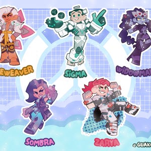May include: A set of five stylized character stickers featuring Lifeweaver, Sigma, Widowmaker, Sombra, and Zarya. Each character is depicted in a vibrant, cartoon-like art style with their respective names printed in colorful text below each figure.