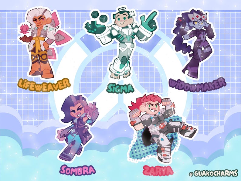 May include: A set of five stylized character stickers featuring Lifeweaver, Sigma, Widowmaker, Sombra, and Zarya. Each character is depicted in a vibrant, cartoon-like art style with their respective names printed in colorful text below each figure.