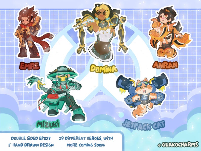 Puede incluir: Una colecci&oacute;n de cinco pegatinas de personajes ilustrados que incluyen a Emre, Domina, Anran, Mizuki y Jetpack Cat. El texto dice Double Sided Epoxy, 3 inch hand drawn design, 29 different heroes, with more coming soon y @guakocharms.