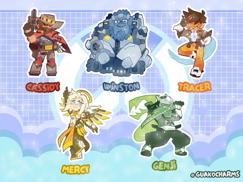 May include: A collection of five character stickers featuring Cassidy, Winston, Tracer, Mercy, and Genji from Overwatch. Each character is depicted in a stylized art form with their respective names printed in bold, colorful text below each figure.