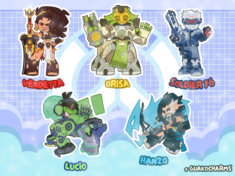 May include: A set of five character stickers featuring Vendetta with a sword, Orisa in green armor, Soldier 76 with a rifle, Lucio in green and blue gear, and Hanzo with a bow. Each character is labeled with their name in colorful text.