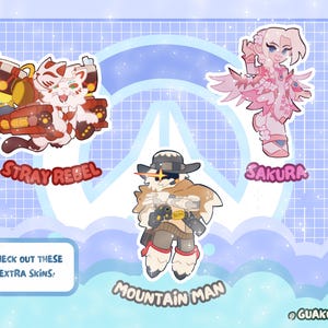 Puede incluir: Tres pegatinas de personajes: Stray Rebel, Sakura y Mountain Man. Stray Rebel es un gato blanco con m&aacute;scara, Sakura es una figura rosa con alas, y Mountain Man lleva sombrero y poncho. El texto dice: CHECK OUT THESE EXTRA SKINS!