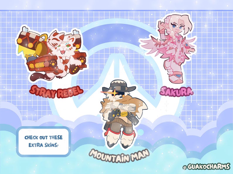 Puede incluir: Tres pegatinas de personajes: Stray Rebel, Sakura y Mountain Man. Stray Rebel es un gato blanco con m&aacute;scara, Sakura es una figura rosa con alas, y Mountain Man lleva sombrero y poncho. El texto dice: CHECK OUT THESE EXTRA SKINS!