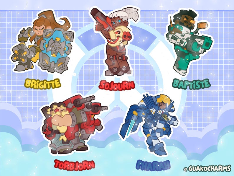 May include: A set of five character stickers featuring Brigitte with a shield, Sojourn with a railgun, Baptiste with a rifle, Torbjorn with a turret, and Pharah in blue armor. Each character is labeled with their name in colorful text.