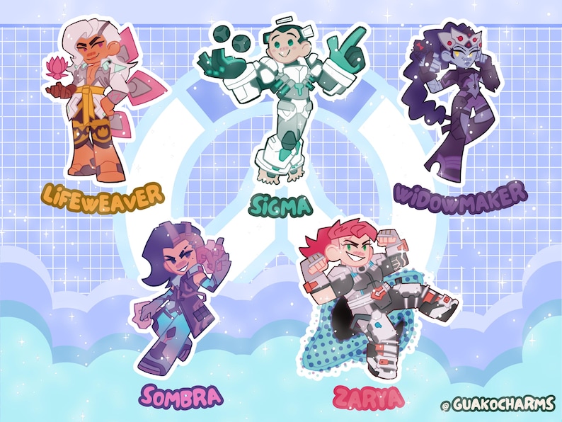 Puede incluir: Un conjunto de cinco pegatinas de personajes estilizados que incluyen a Lifeweaver, Sigma, Widowmaker, Sombra y Zarya. Cada personaje est&aacute; representado en un estilo de dibujo animado vibrante con sus nombres impresos en texto colorido.