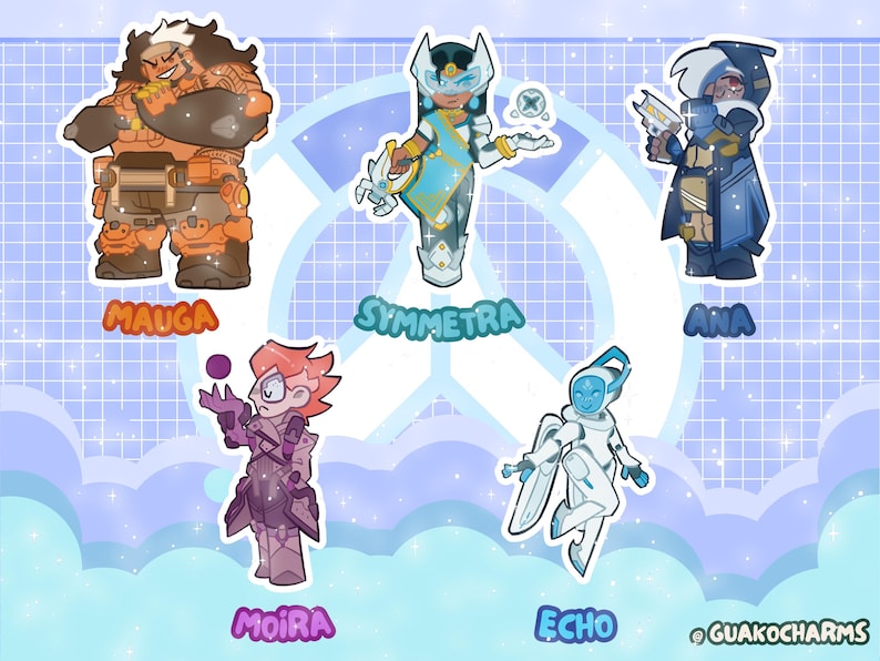 May include: A sticker sheet featuring five stylized cartoon characters: Mauga in orange armor, Symmetra in blue and gold, Ana in a blue cloak, Moira in purple, and Echo in white. Each character is labeled with their name below in colorful text.