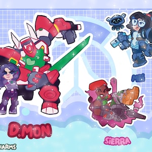May include: A sticker sheet featuring three illustrated characters. One is a large red and green robot with a green sword labeled D.MON. Another is a character with dark hair and glasses labeled MEI. The third is a character with pink hair labeled SIERRA.