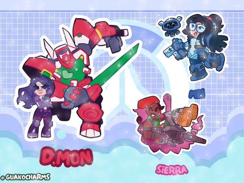 May include: A sticker sheet featuring three illustrated characters. One is a large red and green robot with a green sword labeled D.MON. Another is a character with dark hair and glasses labeled MEI. The third is a character with pink hair labeled SIERRA.