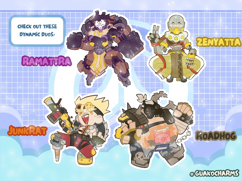 Puede incluir: Un conjunto de cuatro pegatinas de personajes con Ramattra, Zenyatta, Junkrat y Roadhog. El texto dice "CHECK OUT THESE DYNAMIC DUOS!", "RAMATTRA", "ZENYATTA", "JUNKRAT", "ROADHOG" y "@GUAKOCHARMS". Los personajes est&aacute;n ilustrados en estilo cartoon.