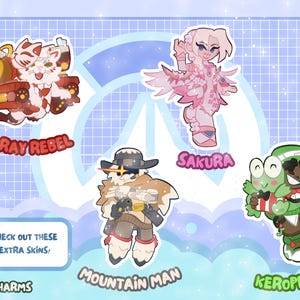 May include: A collection of five character stickers featuring Stray Rebel, Sakura, Mountain Man, and Keroppi designs. Each sticker displays a unique illustrated figure with vibrant colors and outlines. The text reads Check out these extra skins.