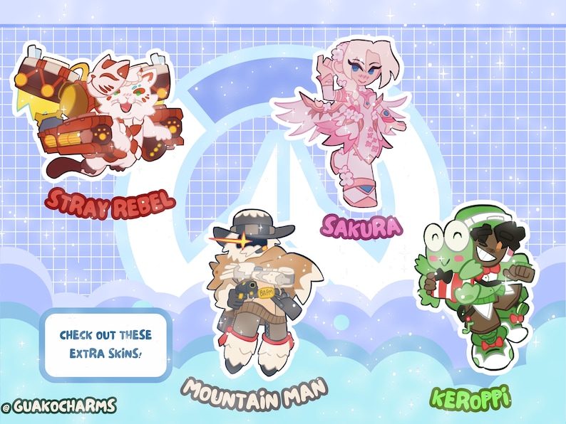 May include: A collection of five character stickers featuring Stray Rebel, Sakura, Mountain Man, and Keroppi designs. Each sticker displays a unique illustrated figure with vibrant colors and outlines. The text reads Check out these extra skins.