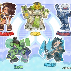 Puede incluir: Un conjunto de cinco pegatinas de personajes que incluyen a Vendetta con una espada, Orisa con armadura verde, Soldier 76 con un rifle, Lucio con equipo verde y azul, y Hanzo con un arco. Cada personaje est&aacute; etiquetado con su nombre.
