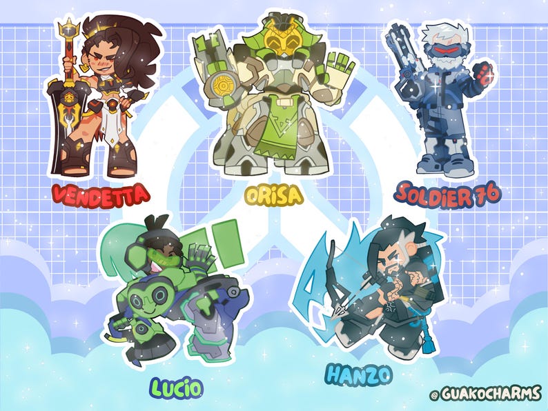 Puede incluir: Un conjunto de cinco pegatinas de personajes que incluyen a Vendetta con una espada, Orisa con armadura verde, Soldier 76 con un rifle, Lucio con equipo verde y azul, y Hanzo con un arco. Cada personaje est&aacute; etiquetado con su nombre.