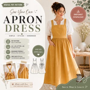 Può includere: Un cartamodello digitale in PDF per un abito a grembiule, con il testo "Sew Your Own APRON DRESS", "INSTANT DOWNLOAD" e "ONE SIZE FITS ALL". L'immagine mostra un abito a grembiule color giallo senape con scollo quadrato e tasche laterali.