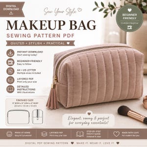 Peut inclure: Une trousse de maquillage matelassée rose poudré avec une fermeture éclair dorée et une tirette à pompon assortie. L'image contient le texte : Sew Your Style Makeup Bag Sewing Pattern PDF, Beginner Friendly, dimensions 23 cm x 13 cm x 10 cm.