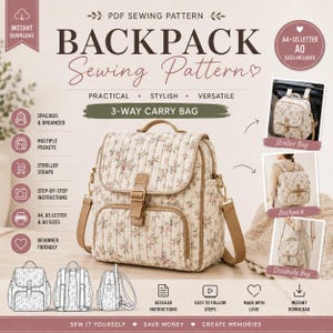 May include: A PDF sewing pattern for a 3-way carry bag, featuring a quilted cream backpack with a floral print, a top handle, and a front buckle strap. The image includes text, diagrams, and photos showing the bag as a stroller bag and crossbody.