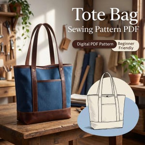 Peut inclure: Un sac fourre-tout bleu avec des garnitures et des poignées en cuir marron est posé sur une table en bois. Le sac a une poche avant et une base en cuir marron. Le texte sur l'image indique "Tote Bag Sewing Pattern PDF" et "Digital PDF Pattern Beginner Friendly".