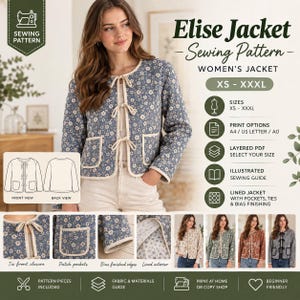 以下が含まれることがあります： Elise Jacketという名称のジャケット用裁縫パターン。サイズはXSからXXXLまで対応し、A4、USレター、A0の印刷オプション、レイヤー付きPDF、図解ガイドが含まれています。ジャケットは花柄で、リボン結びの留め具とポケットが付いています。