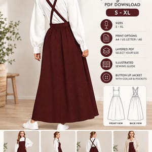 May include: A digital sewing pattern for a pinafore dress, featuring a long, dark maroon skirt with a high waistband and crisscross back straps. The pattern includes sizes S-XL, print options for A4, US Letter, and A0, a layered PDF, an illustrated sewing guide, and instructions for a button-up jacket with collar and pockets.