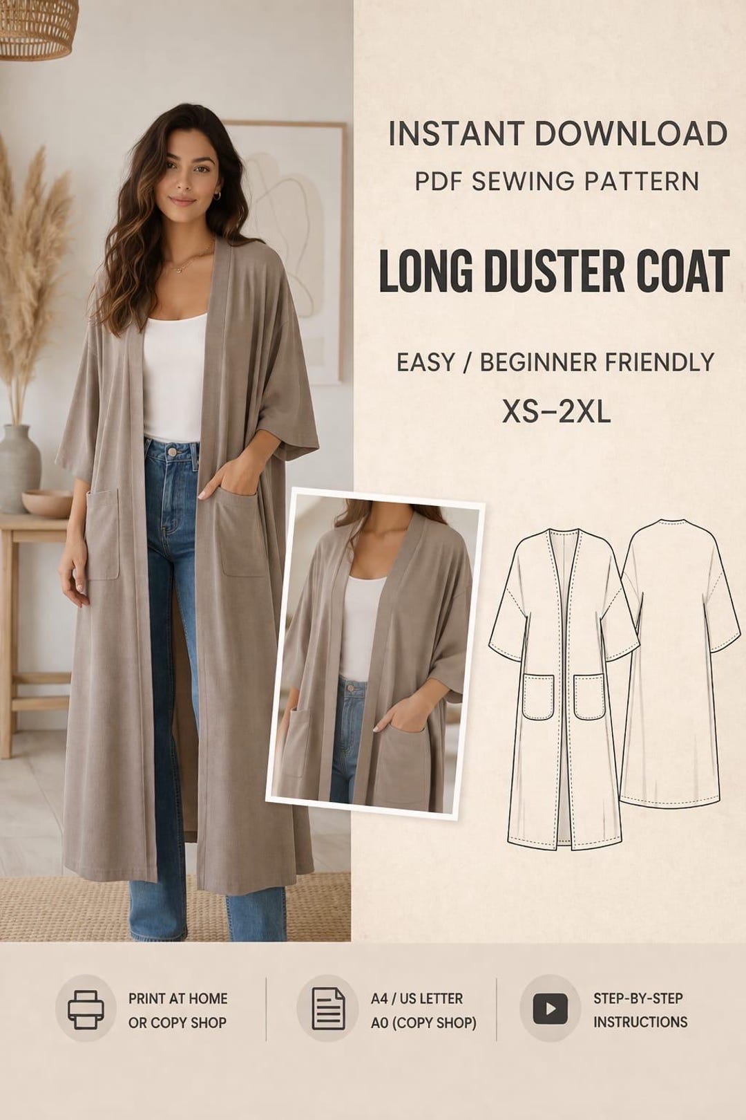 Duster Coat Sewing Pattern PDF Women | Kimono Jacket Pattern Beginner ...