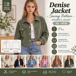 May include: A sewing pattern for a Denise Jacket, featuring a corduroy jacket with a collar, button-up front, and pockets. The pattern includes sizes XS to XXXL, print options for A4, US Letter, and A0, a layered PDF, and an illustrated guide.