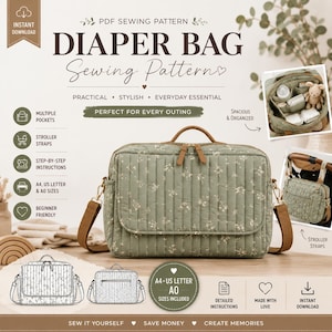Puede incluir: Un patrón de costura en PDF para un bolso de pañales acolchado en color verde salvia con un pequeño estampado floral blanco. El bolso cuenta con una solapa frontal, correas marrones y herrajes dorados. Incluye etiquetas, diagramas y fotos.
