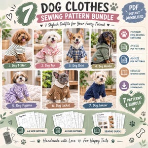Pode incluir: Um pacote de moldes de costura digitais para 7 roupas de cachorro, incluindo camiseta, blusa, camisa, moletom com capuz, pijama, jaqueta e suéter. A imagem mostra cães vestindo cada peça, com ícones para moldes PDF A4 e A0 e guias de costura.