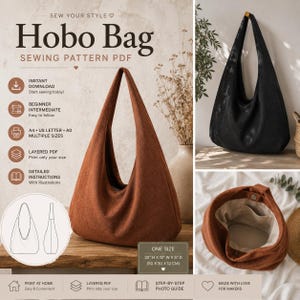 May include: A digital sewing pattern for a hobo bag, featuring text that reads Hobo Bag Sewing Pattern PDF. The image displays a rust-colored hobo bag, a black hobo bag, and an open rust-colored bag showing an interior pocket. Dimensions are 20 inches H x 12 inches W x 5 inches D.