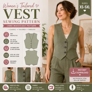 Peut inclure: Un patron de couture pour gilet vert olive ajusté avec un col en V, trois boutons sur le devant et une doublure. Le fichier numérique inclut les tailles XS-5XL, des options d'impression PDF et des instructions étape par étape pour débutants.