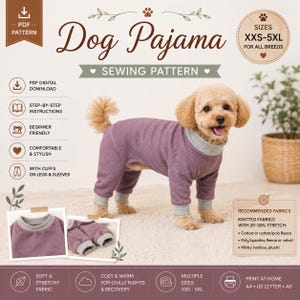 May include: A digital sewing pattern for dog pajamas, featuring a light brown dog wearing a purple long-sleeve jumpsuit with grey cuffs and a grey collar. The graphic includes text such as Dog Pajama, Sewing Pattern, and sizes XXS-5XL.