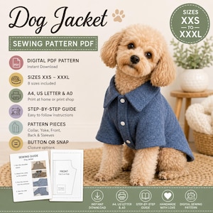 Pode incluir: Um molde de costura digital em PDF para jaqueta de cachorro, com o texto Dog Jacket, Sewing Pattern PDF, Sizes XXS to XXXL e instruções de impressão. A imagem mostra um cão castanho claro vestindo uma jaqueta azul com gola e botões brancos.