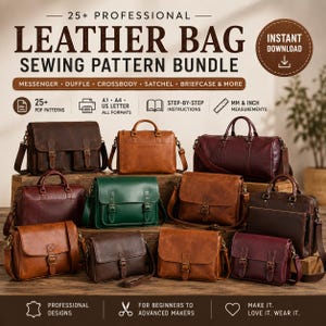 May include: A digital bundle of 25+ professional leather bag sewing patterns including messenger, duffle, crossbody, satchel, and briefcase styles. Features PDF files, step-by-step instructions, and both inch and millimeter measurements.