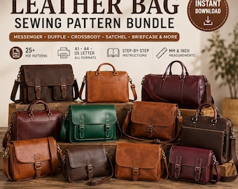 Puede incluir: Un paquete digital de más de 25 patrones de costura profesionales para bolsos de cuero, incluyendo estilos mensajero, duffle, bandolera, cartera y maletín. Incluye archivos PDF, instrucciones paso a paso y medidas en milímetros y pulgadas.