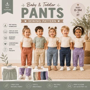 Peut inclure: Un patron de couture numérique pour pantalon de bébé et tout-petit, tailles 0-3M à 3T. L'image montre cinq enfants portant des pantalons rouille, beige, bleu, marine et violet, avec du texte sur le téléchargement PDF et les instructions.