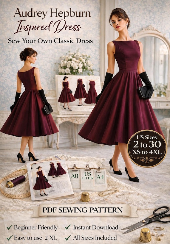 classic dress sewing patterns 1950s Vintage Pattern PDF | Audrey Hepburn Midi Dress XS-4XL | Plus Size Princess Seam Flared Dress not suitable for stretch Size:dress size pants : 28 Unfinished bottom Evening dress global-created_at-02/02/2024 3:49 PM Gracie Maxi Dress Seashell
