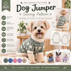 Peut inclure: Un patron de couture PDF numérique pour pull pour chien, avec texte et illustrations. Le design comprend un pull vert et blanc à motifs d'ours, un dessin technique et des photos de chiens portant des pulls de différentes couleurs : bleu, rose et violet.