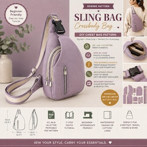 Peut inclure: Un patron de couture pour un sac à bandoulière lavande, avec une sangle réglable, deux poches zippées et des dimensions finies de 16 cm de largeur, 6 cm de profondeur et 32 cm de hauteur, incluant des formats PDF imprimables A0 et A4.