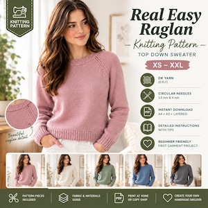 May include: A digital knitting pattern for a Real Easy Raglan top down sweater in sizes XS to XXL. The document features a pink sweater with raglan detail, DK yarn requirements, 3.5 mm and 4 mm circular needles, and five color variations.