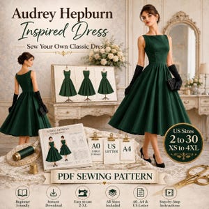 1950s Vintage Dress Sewing Pattern PDF | Audrey Hepburn Midi Dress XS-4XL | Plus Size Princess Seam Flared Dress | Instant Download
