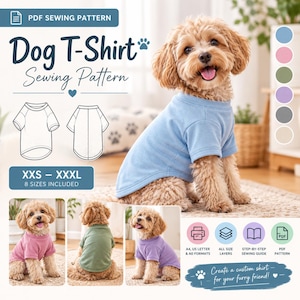 May include: A PDF sewing pattern for a dog t-shirt, featuring a light blue shirt on a dog, technical line drawings of the garment, and smaller photos showing the shirt in pink, green, and purple. Includes text for sizes XXS to XXXL and features.