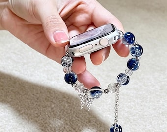 Girly Cracked Bead Butterfly Bracelet Band, Blue Tears Design for Apple Watch Ultra,10/9/8/7/SE
