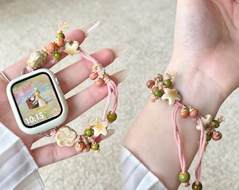 Girly Dopamine Ceramic Flower Beaded Pull Cord Band for Apple Watch 11/10/9/8/7/SE