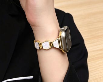 Feminine Glossy Shell Inlaid Metal Watch Band, Trendy Summer Strap fits iWatch 11/10/9/8/7/SE3