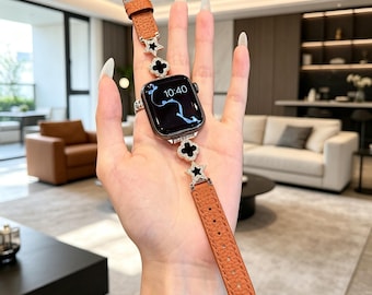 Girly Leather Watch Strap, Star & Clover Rhinestone Design, Luxury Unique Style for Apple Watch, Women Fashion Band