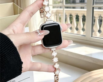 Girly Pearl Rhinestone Metal Chain Strap, Breathable Summer Accessory for iWatch Series 11/10/9/8/7/6 and SE