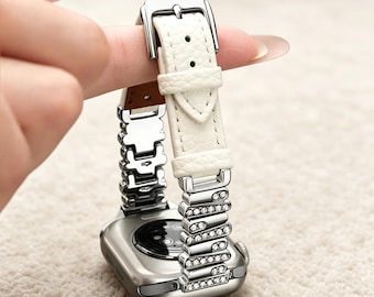 Girly Irregular Rhinestone Leather Band, Lychee Grain Spliced Strap for Apple Watch 11/10/9/8/SE/Ultra