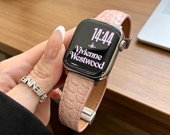 Girly Croc Grain Genuine Leather Band, Magnetic Fold Clasp Strap for Apple Watch 11/10/9/8